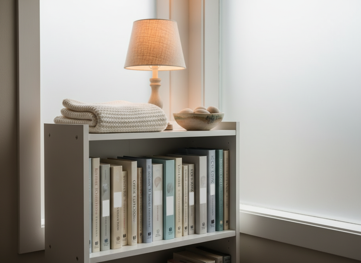 A calm, softly lit corner of a support resource room featuring a small white bookshelf filled with neatly arranged grief and trauma recovery books, all with anonymized titles in soothing neutral and blue tones. On top of the shelf sits a small table lamp with a linen shade, casting a warm, gentle glow that pools onto a folded knitted blanket and a ceramic bowl of smooth, pale stones. A frosted window behind lets in diffused natural light, balancing the warm lamp light. Photographic realism in a slightly angled composition, with moderate depth of field so all key objects remain clearly visible. The atmosphere is supportive, tender, and professional, emphasizing survivor care after suicide.