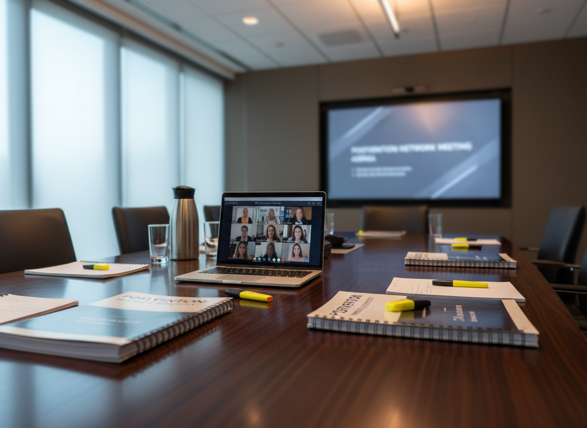 A rectangular conference table in a modern meeting room, with an open laptop displaying a blurred video-conferencing grid, surrounded by spiral-bound postvention manuals, highlighters, and a stainless-steel water carafe with matching glasses. A large wall-mounted screen in the background shows an abstracted slide of a "Postvention Network Meeting" agenda in soft blues and greys, intentionally out of focus. Warm ceiling lights blend with cool window light, creating balanced, even illumination. Photographic realism from a slightly elevated angle, with a shallow depth of field that centers on the table’s materials. The mood is collaborative, professional, and focused on coordination among suicide postvention leaders and advocates, without showing any people.
