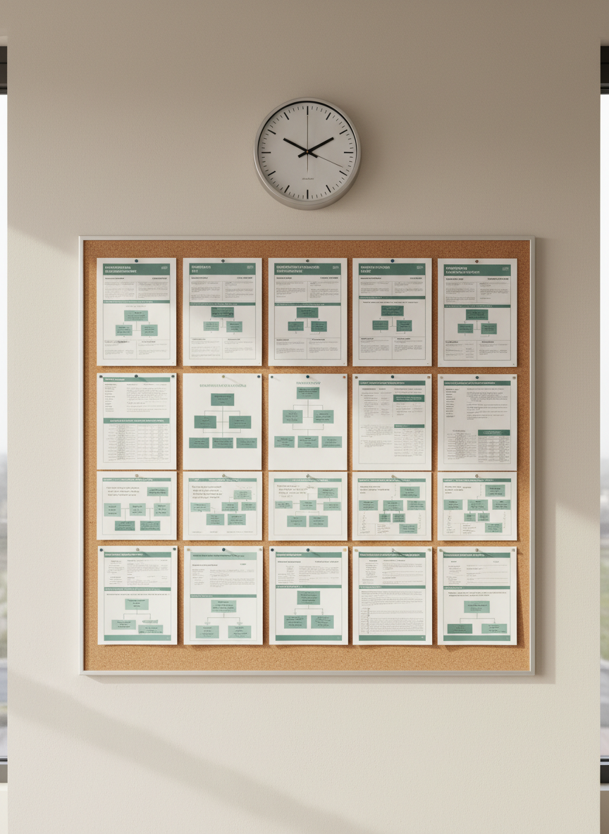 A large corkboard on a clean, pale wall in a professional office, covered with thoughtfully designed postvention checklists, flowcharts, and color-coded response plans printed on high-quality paper in muted teal and charcoal tones. Slim metal pushpins hold everything in precise rows, and a simple analog clock hangs just above, set to mid-afternoon. Soft overcast window light comes from the left, creating a gentle gradient across the board and subtle shadows behind the papers. Photographic realism with a straight-on composition and sharp focus throughout, emphasizing clarity and structure. The atmosphere is calm, methodical, and dependable, underscoring organized community response after suicide.