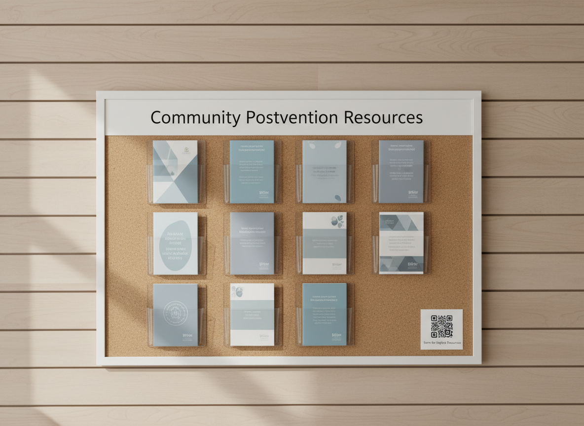 A minimalist bulletin board display titled "Community Postvention Resources" printed in clean sans-serif typography on a matte white header panel, mounted on a light wood wall. Below the title, neatly aligned pockets hold anonymous brochures and folded resource sheets in coordinated blues and greys. A discreet QR code sign is placed at the bottom corner for digital access. Soft, indirect daylight from an unseen window gives the scene a bright but gentle feel, with very soft shadows. Photographic realism with a straight-on, eye-level composition and balanced negative space around the board. The mood is accessible, non-judgmental, and well-organized, representing practical information available after a suicide loss.